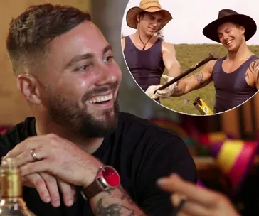 Man smiling at a table with an inset of two people in cowboy hats and tank tops sharing a moment in a field.