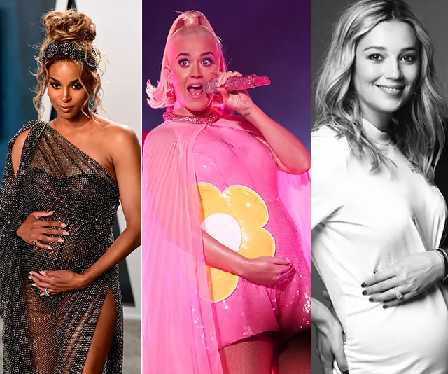 Pregnant celebrities cradling baby bumps; wearing stylish outfits; smiling and performing.