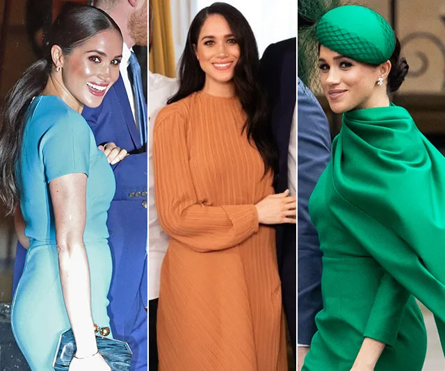 Meghan Markle in three outfits: teal dress, brown pleated dress, and green dress with matching hat.