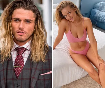 Two individuals: one in a suit with long hair, another in a pink bikini on a bed, suggesting "Bachelor in Paradise 2020."