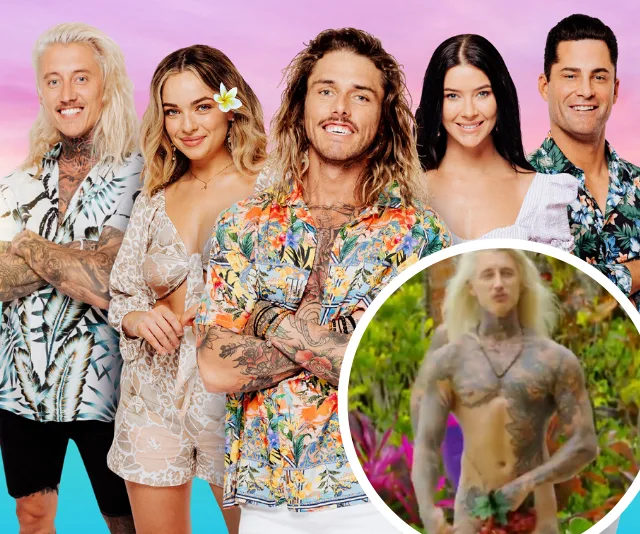Group photo of five "Bachelor in Paradise" 2020 cast members against a colorful background.
