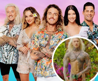 Group photo of five "Bachelor in Paradise" 2020 cast members against a colorful background.