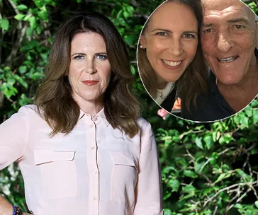 A woman with long brown hair stands in front of greenery; inset, she poses with an older man, both smiling.