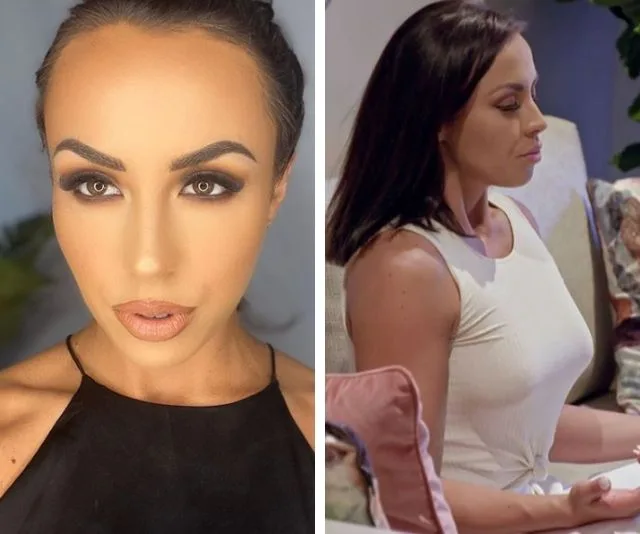 Woman in two images: one close-up with makeup, one sitting in profile wearing a white top, possibly from a TV show.