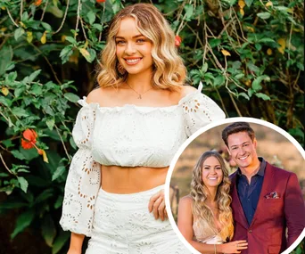 Woman in white lace outfit smiling outdoors; inset of couple posing together, both smiling.
