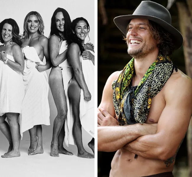 Four women in towels posing together; shirtless man with scarf and hat smiling on the right.