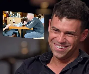 "Smiling man with inset image of a couple dining at a restaurant."