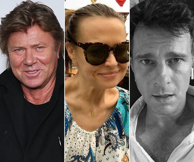 Celebrities in a collage: a man in a black coat, a woman in sunglasses with a patterned top, and a man in a white shirt.