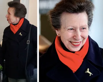 A woman wearing a dark coat and red scarf, with a brooch, smiling in one image and facing left in another.