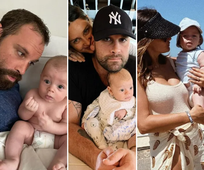 Family moments with a baby, including close-ups with adults and outdoor scenes.
