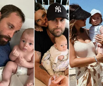 Family moments with a baby, including close-ups with adults and outdoor scenes.