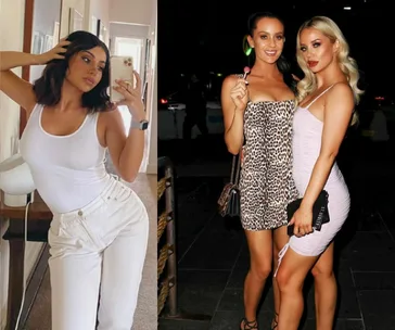 Woman in white outfit takes a mirror selfie; two women in dresses pose with lollipops at night.