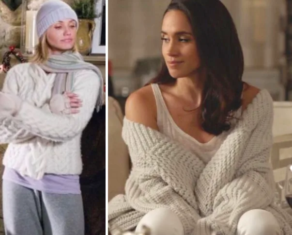 Women in cozy loungewear: one in a beanie, scarf, and sweater; the other in a soft cardigan and tank top.