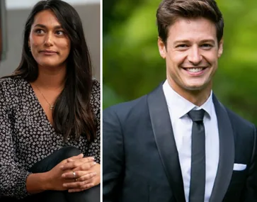 Connie in a patterned blouse and Matt in a tuxedo, both smiling, side by side.
