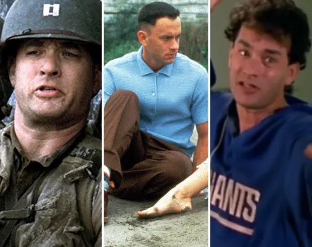 Tom Hanks in roles from "Saving Private Ryan," "Forrest Gump," and "A League of Their Own," in a split image.