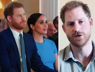 Two-part image: Left shows a man and woman seated; right shows a close-up of the man speaking.