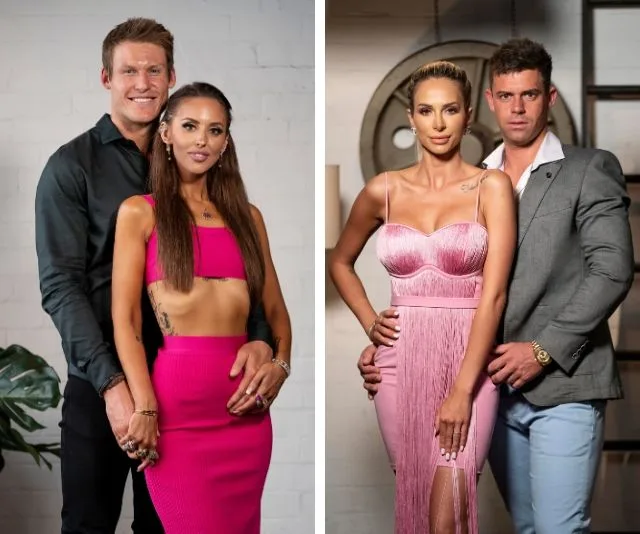 Couples from "Married at First Sight 2020" pose in pink outfits against a neutral background.