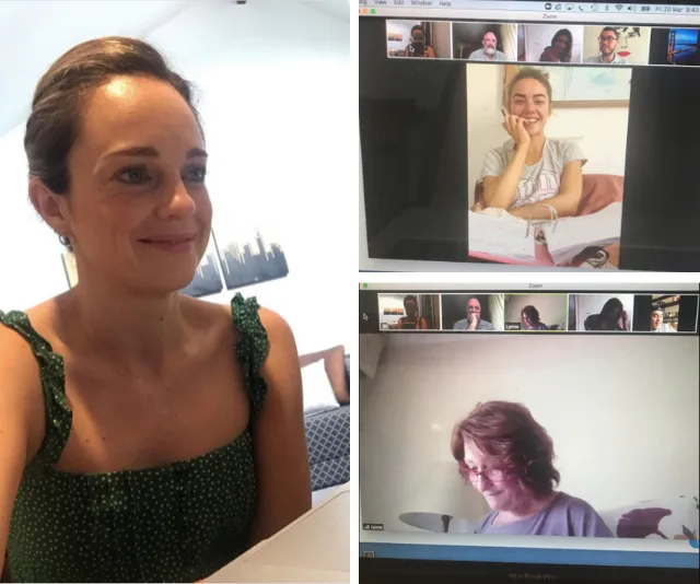 "Video call showing three women, one smiling in person and two on-screen during a virtual meeting."