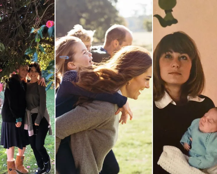 A collage of three photos showing family and mother-child moments outdoors and indoors, including a woman holding a baby.