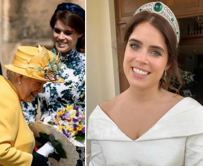 Princess Eugenie smiling at event with woman in yellow hat on left and in tiara on right.