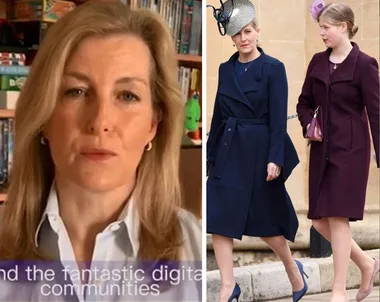 "Image of Sophie of Wessex speaking video message and walking in navy coat with young woman in burgundy coat."