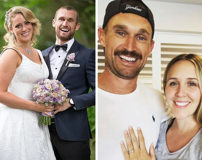 A couple on their wedding day on the left and a casual photo of the same couple on the right, both smiling happily.