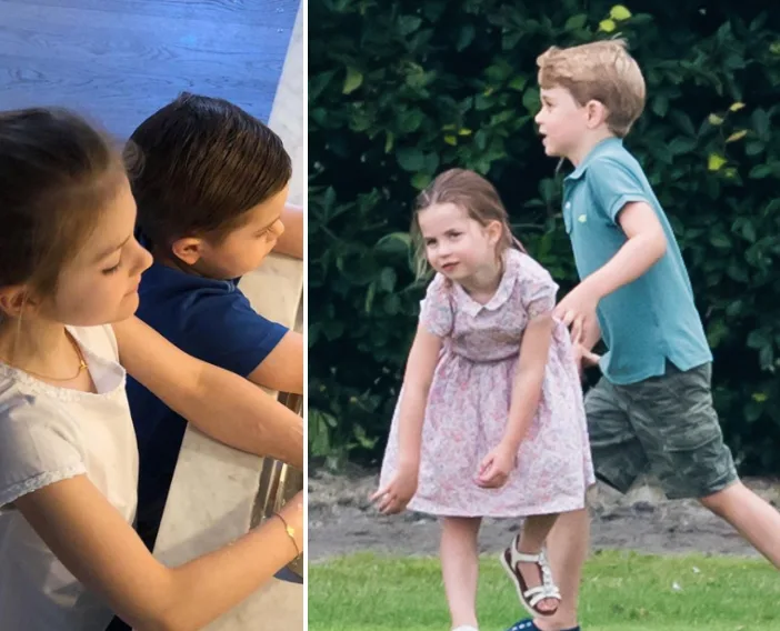 Children engaged in different activities; one side washing hands, other side playing outside.