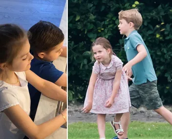 Children engaged in different activities; one side washing hands, other side playing outside.