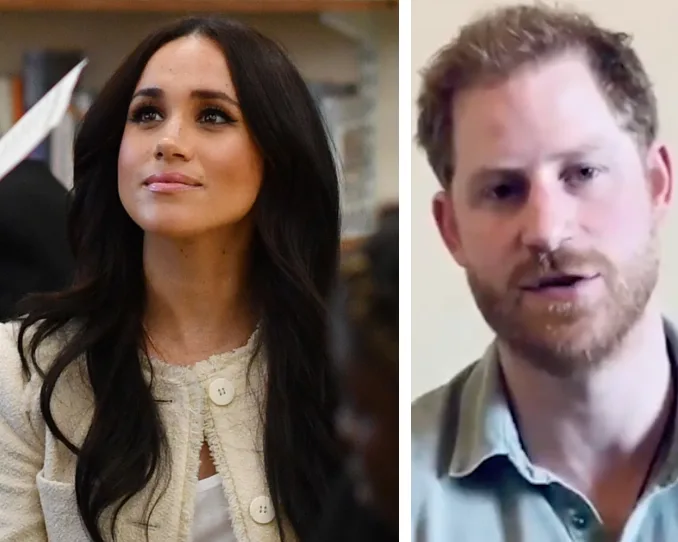 Prince Harry and Meghan Markle making a stay-at-home plea in a side-by-side photo.