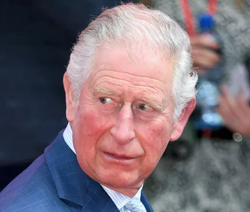 A man in a blue suit and light blue tie looks to the side with a slight frown, against a blurred outdoor background.