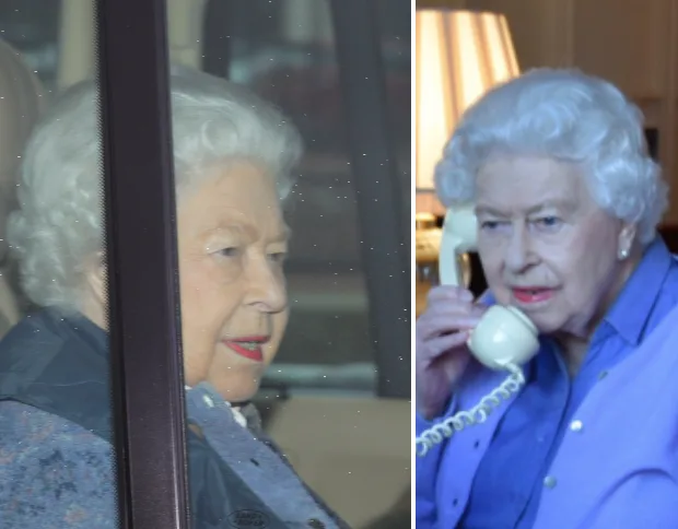 Two side-by-side pictures: A woman with white hair in a car and talking on a rotary phone indoors.