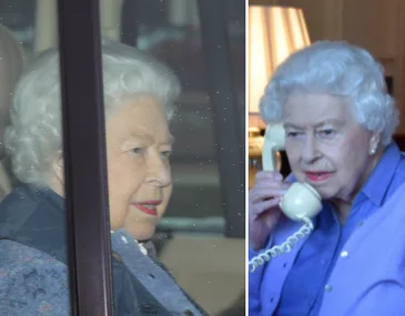 Two side-by-side pictures: A woman with white hair in a car and talking on a rotary phone indoors.
