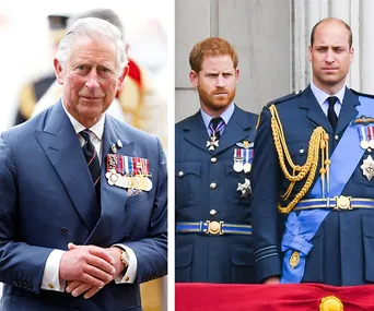 Royal family members in formal attire, adorned with military medals and badges.