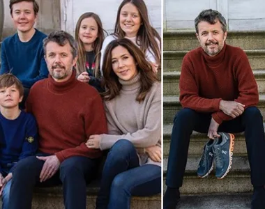 Family sitting on steps together; father holds sneakers while sitting alone in adjacent image.