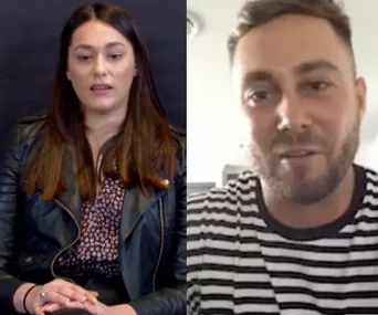 Two people are in split-screen: a woman in a black jacket on the left and a man in a striped shirt on the right.