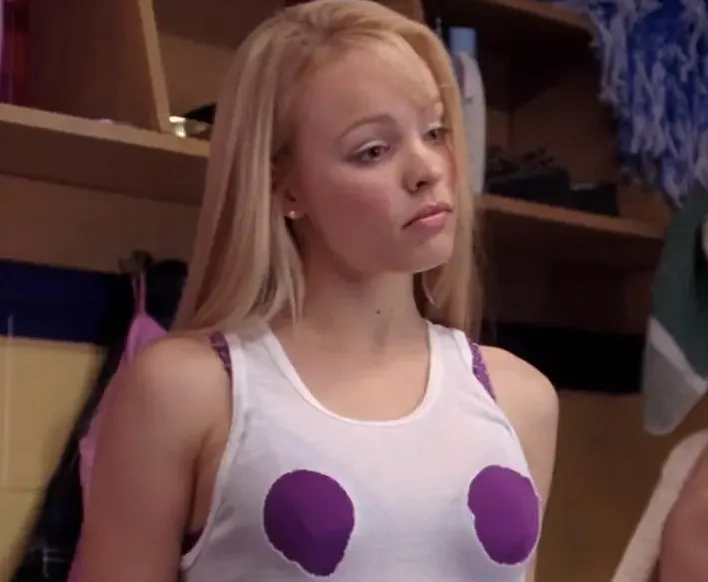 A woman with long hair in a room wearing a white tank top with purple circles over the chest area.