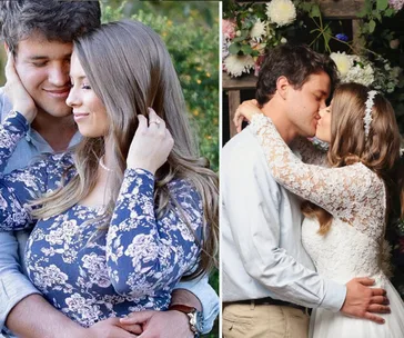 Couple embracing lovingly; left in casual attire, right in wedding attire with floral backdrop.