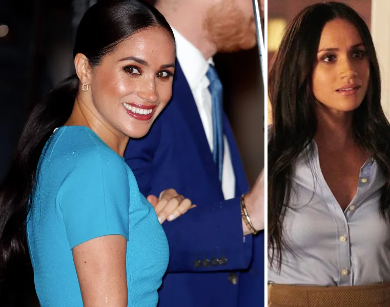 Meghan Markle smiling in blue dress and acting scene in blouse from movie or show.