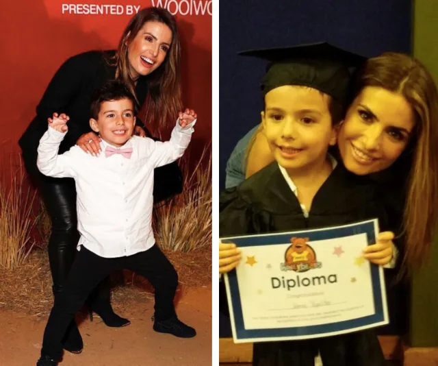 Woman and child pose at event; child in cap and gown holding diploma with woman smiling beside.