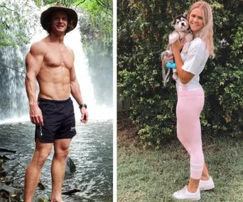 Nick Cummins shirtless by a waterfall; Shayna Jack in pink leggings holding a small dog outdoors.