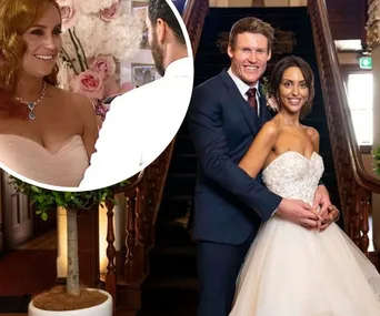 Couple in wedding attire smiling, posing in front of a grand staircase. A close-up inset shows a woman smiling.