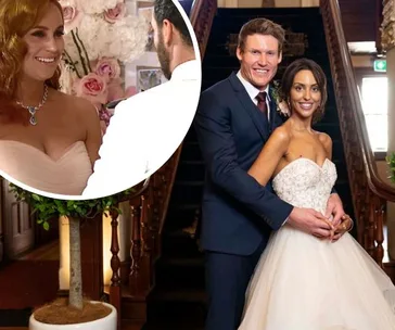 Couple in wedding attire smiling, posing in front of a grand staircase. A close-up inset shows a woman smiling.