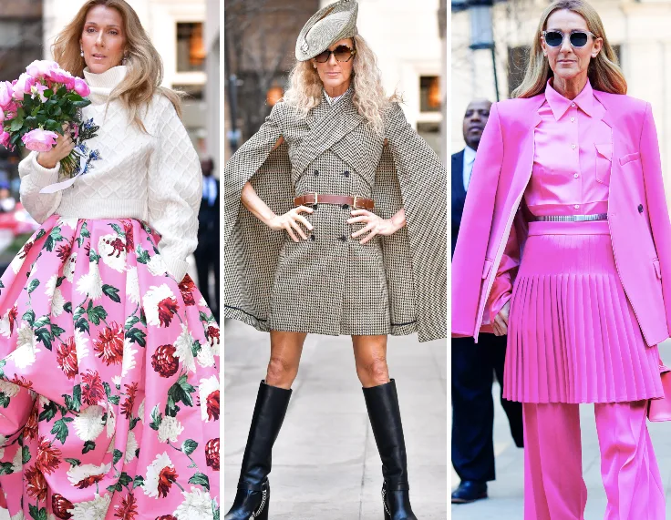 Celine Dion in three stylish outfits: floral skirt with knit sweater, houndstooth cape with boots, and vibrant pink suit.