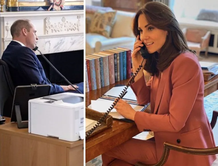 Two individuals working from home, each at a desk on the phone, with books in the background.