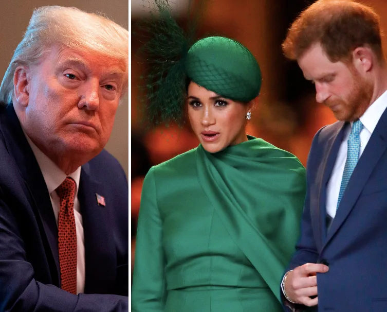 Donald Trump seated, Meghan Markle in green outfit with Prince Harry in split image.