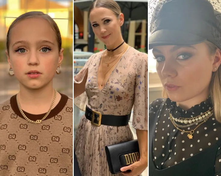 Three women in fashionable outfits; girl with Gucci top, woman in floral dress, and woman wearing a hat with pearls.