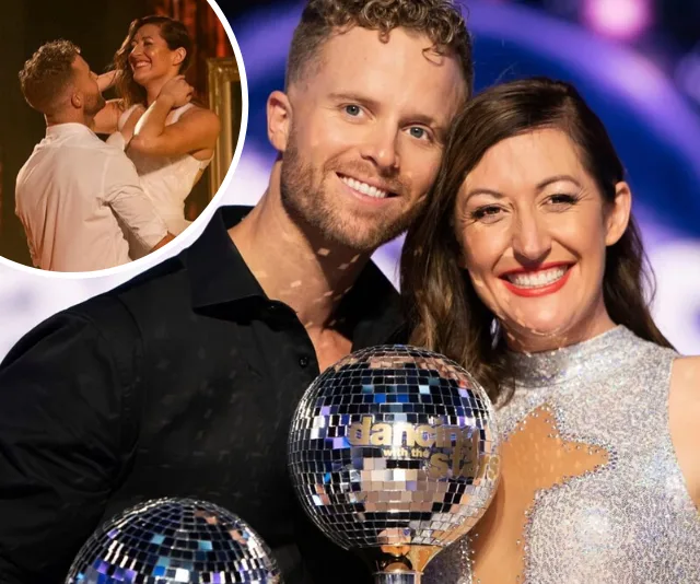 Winners of "Dancing with the Stars" 2020 celebrate with trophies, smiling happily, embracing on stage.
