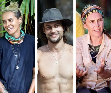 Three contestants from Australian Survivor: All Stars 2020, smiling and interacting outdoors.