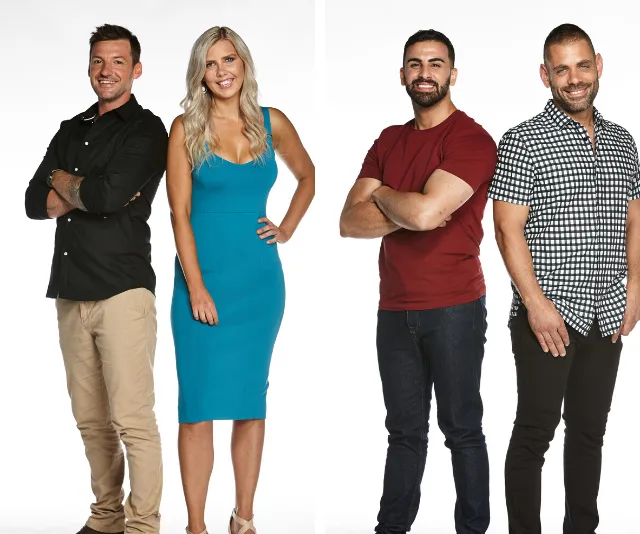 "Four contestants from House Rules 2020: two men and two women, smiling at the camera in casual attire."