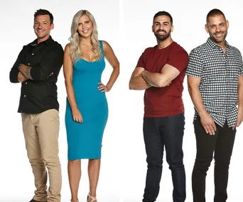"Four contestants from House Rules 2020: two men and two women, smiling at the camera in casual attire."